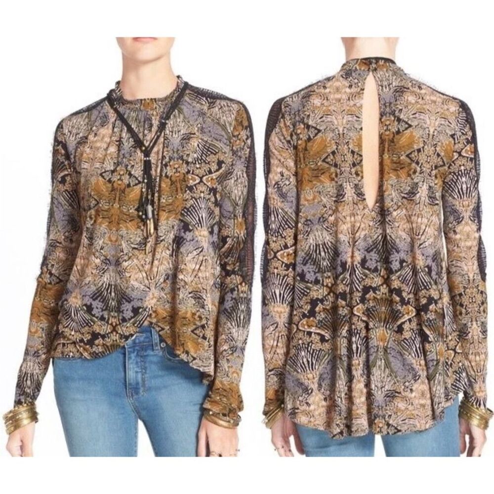 Free People Women's XS Tulip Drape Nouveau Blouse Top Boho Coal Combo Lace